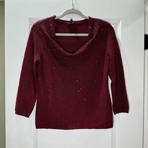 Eileen Fisher Sweater Women Size PS Burgundy 100% Merino Wool Glass Beads Knit